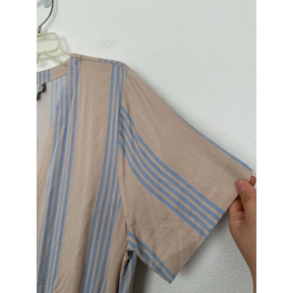 ICHI Striped Tunic Dress Button Down Waist Tie Tan Blue Beach Resort Women's XL - Picture 4 of 9